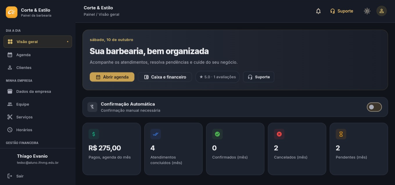 Tela real da visão geral do painel Corte & Estilo